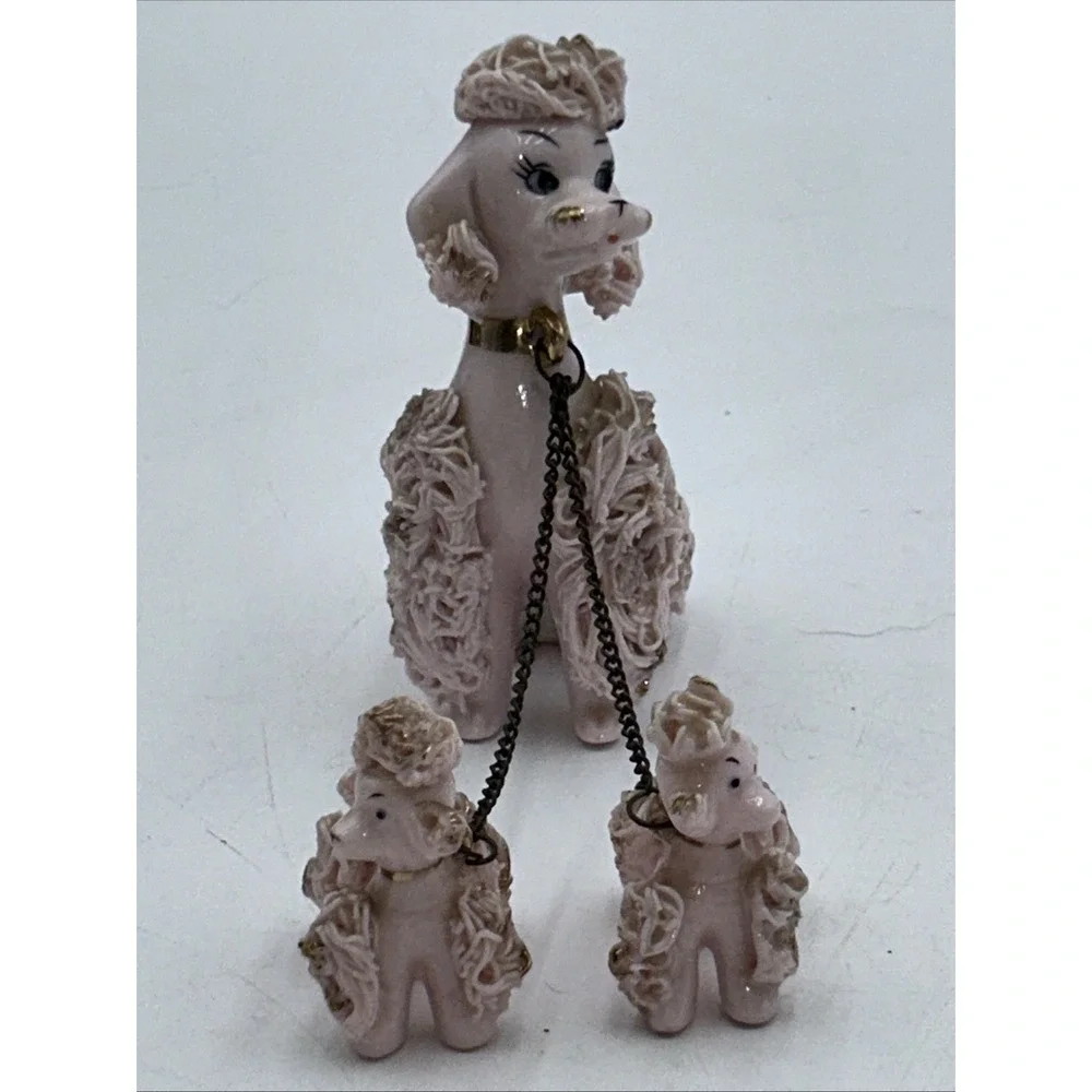 Vintage Napco Pink Spaghetti Poodle Mom and Two Puppies Ceramic Figurines